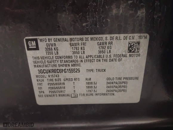 2015 Chevrolet Silverado 1500 LT with VIN 3GCUKREC6FG155529, listed as a IAAI auction lot 41821751 with 157,419 mi miles. Bid and sale history available at carsss.com. Image 9.