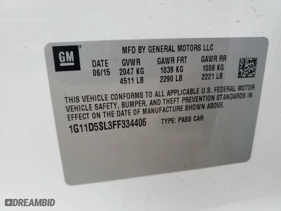 2015 Chevrolet Malibu LT with VIN 1G11D5SL3FF334406, listed as a Copart auction lot 52125535 with 105,214 mi miles and Clean Title. Bid and sale history available at carsss.com. Image 12.