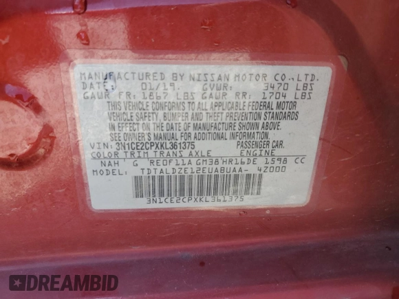 2019 Nissan Note SV with VIN 3N1CE2CPXKL361375, listed as a Copart auction lot 60861045 with 74,667 mi miles and Salvage title. Bid and sale history available at DreamBid. Image 13.