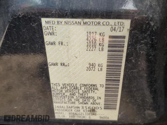 2017 Nissan Altima S with VIN 1N4AL3AP5HN356005, listed as a Copart auction lot 53120354 with 103,039 mi miles and Salvage title. Bid and sale history available at DreamBid. Image 12.