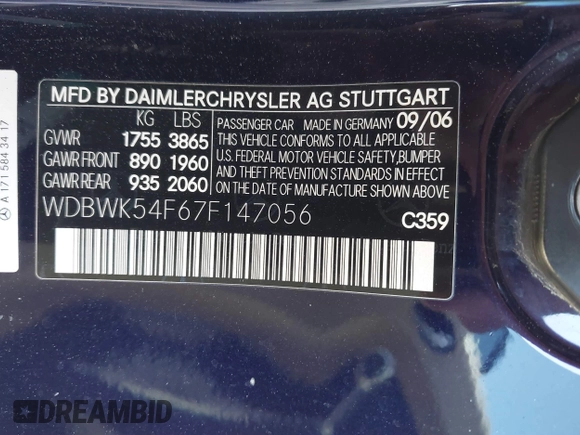 2007 Mercedes-Benz SLK 280 z VIN WDBWK54F67F147056, wystawiony jako IAAI lot #41844751 z przebiegiem 166 042 mil mil oraz . Historia ofert i sprzedaży dostępna na DreamBid. Obrazek 9.