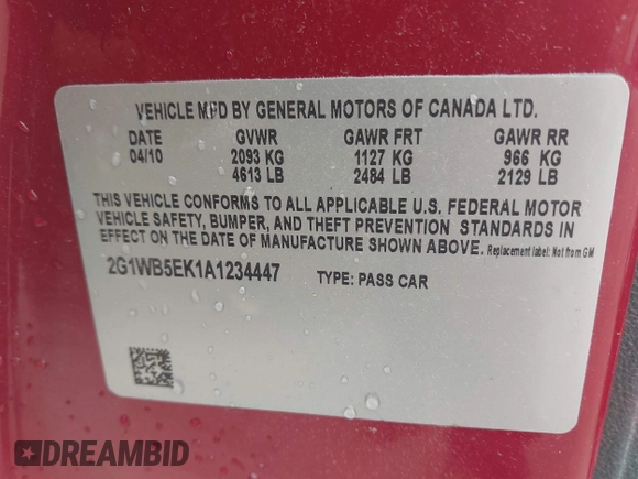 2010 Chevrolet Impala LT with VIN 2G1WB5EK1A1234447, listed as a IAAI auction lot 42115668 with 124,834 mi miles and . Bid and sale history available at DreamBid. Image 9.