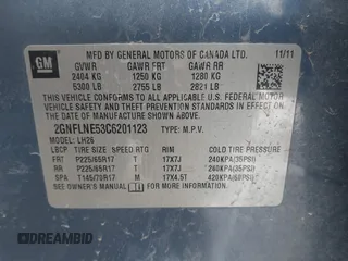 2012 Chevrolet Equinox LT w/2LT with VIN 2GNFLNE53C6201123, listed as a IAAI auction lot 41299755 with 128,810 mi miles. Bid and sale history available at carsss.com. Image 9.