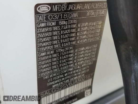 2018 Land Rover Range Rover HSE with VIN SALGS2SV6JA502187, listed as a Copart auction lot 55225665 with 42,880 mi miles and Salvage title. Bid and sale history available at DreamBid. Image 13.