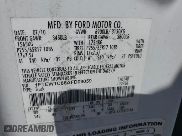 2010 Ford F-150 XL with VIN 1FTEW1C86AFD09059, listed as a Copart auction lot 52771675 with 292,096 mi miles and Salvage Title. Bid and sale history available at carsss.com. Image 14.