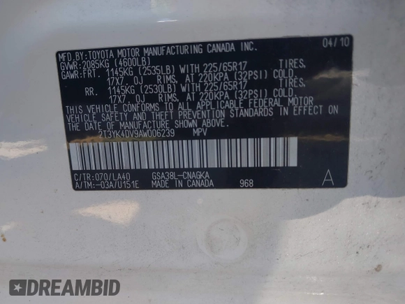 2010 Toyota RAV4 Limited with VIN 2T3YK4DV9AW006239, listed as a IAAI auction lot 41336558 with 154,470 mi miles and . Bid and sale history available at DreamBid. Image 9.