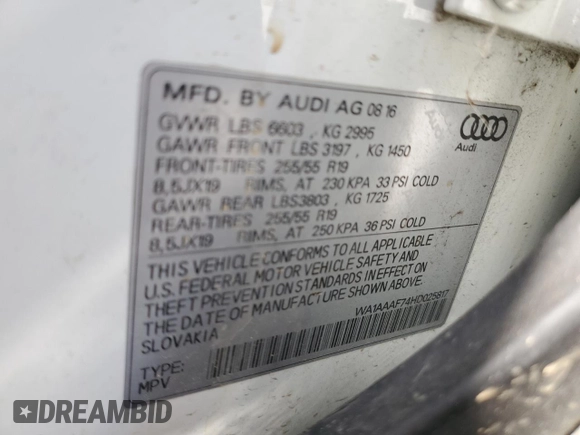 2017 Audi Q7 Premium with VIN WA1AAAF74HD025817, listed as a Copart auction lot 56036985 with 130,410 mi miles and Salvage title. Bid and sale history available at DreamBid. Image 12.