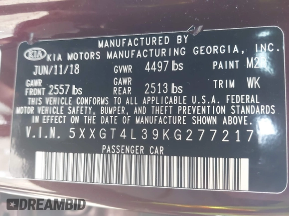 2019 Kia Optima LX with VIN 5XXGT4L39KG277217, listed as a IAAI auction lot 40220142 with 139,755 mi miles. Bid and sale history available at carsss.com. Image 9.