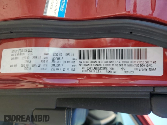 2016 Jeep Cherokee Sport with VIN 1C4PJLAB8GW378006, listed as a Copart auction lot 61201345 with 159,129 mi miles and Salvage title. Bid and sale history available at DreamBid. Image 13.