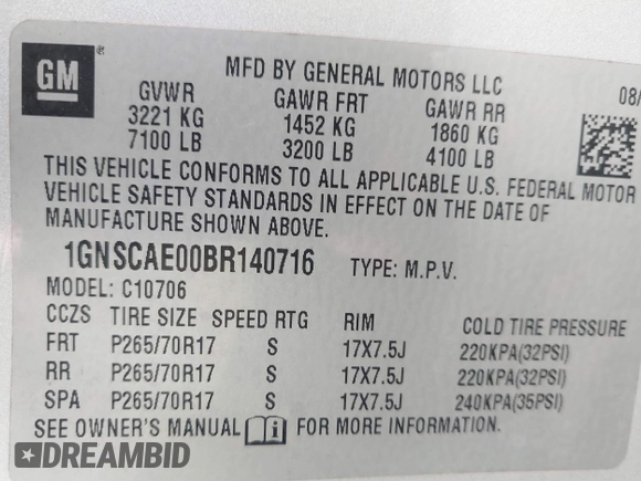 2011 Chevrolet Tahoe LS with VIN 1GNSCAE00BR140716, listed as a IAAI auction lot 40225018 with 189,052 mi miles and . Bid and sale history available at DreamBid. Image 9.