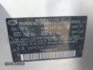 2017 Hyundai Sonata 2.4L with VIN 5NPE24AF5HH541585, listed as a IAAI auction lot 42181953 with 116,768 mi miles and . Bid and sale history available at carsss.com. Image 9.