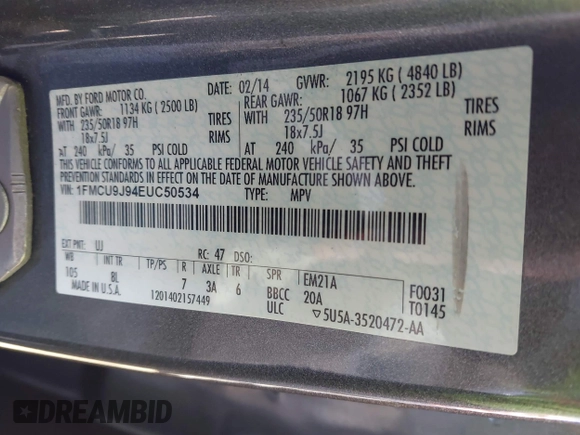 2014 Ford Escape Titanium with VIN 1FMCU9J94EUC50534, listed as a IAAI auction lot 41040341 with 115,502 mi miles. Bid and sale history available at carsss.com. Image 9.