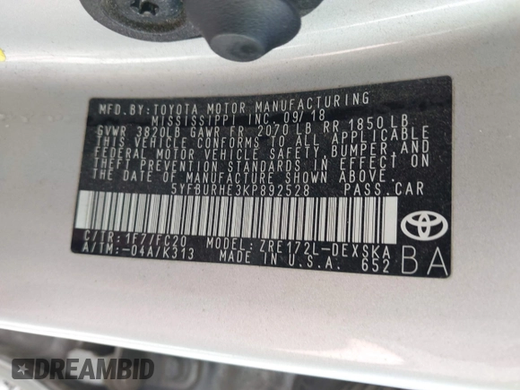 2019 Toyota Corolla L with VIN 5YFBURHE3KP892528, listed as a IAAI auction lot 41912008 with 106,251 mi miles and . Bid and sale history available at DreamBid. Image 9.