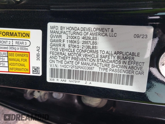2024 Honda Accord Sport with VIN 1HGCY2F52RA003687, listed as a IAAI auction lot 41939470 with Not provided miles and . Bid and sale history available at DreamBid. Image 9.