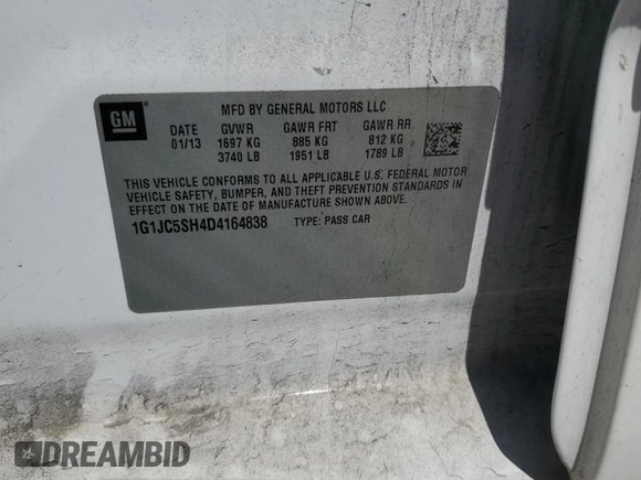 2013 Chevrolet Sonic LT with VIN 1G1JC5SH4D4164838, listed as a Copart auction lot 53611635 with 134,098 mi miles and Salvage Title. Bid and sale history available at DreamBid. Image 13.
