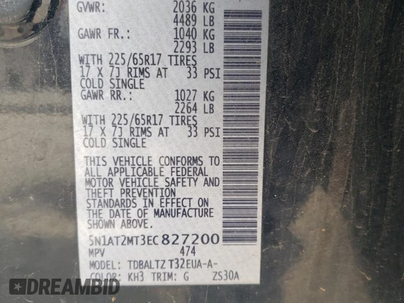 2014 Nissan Rogue S z VIN 5N1AT2MT3EC827200, wystawiony jako Copart lot #55521025 z przebiegiem Nie podano mil oraz Szkoda całkowita • Salvage title. Historia ofert i sprzedaży dostępna na DreamBid. Obrazek 13.
