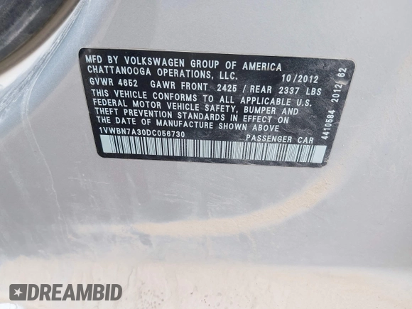 2013 Volkswagen Passat SE z VIN 1VWBN7A30DC056730, wystawiony jako IAAI lot #42542464 z przebiegiem 190 608 mil mil oraz . Historia ofert i sprzedaży dostępna na DreamBid. Obrazek 9.