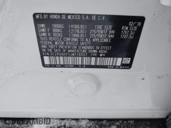 2018 Honda HR-V EX-L Navi with VIN 3CZRU6H71JM716527, listed as a IAAI auction lot 41402437 with 1 mi miles. Bid and sale history available at carsss.com. Image 9.