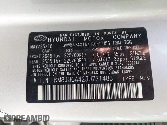 2018 Hyundai Tucson SEL with VIN KM8J3CA42JU771483, listed as a IAAI auction lot 42159936 with 91,604 mi miles and . Bid and sale history available at DreamBid. Image 9.