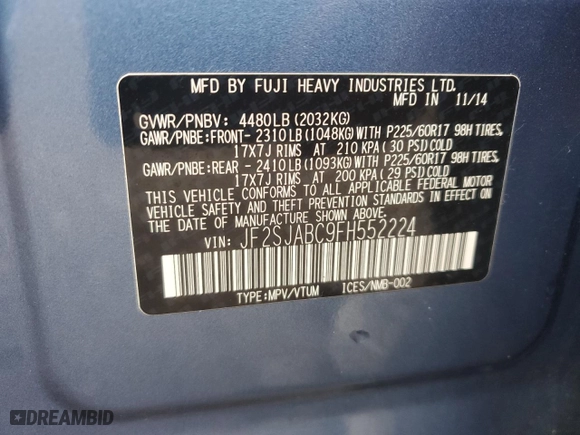 2015 Subaru Forester 2.5i with VIN JF2SJABC9FH552224, listed as a Copart auction lot 50336005 with 130,414 mi miles and Salvage Title. Bid and sale history available at carsss.com. Image 12.