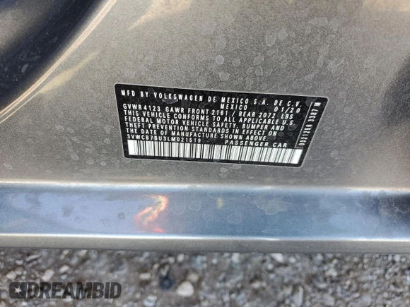 2020 Volkswagen Jetta S with VIN 3VWCB7BU3LM021519, listed as a Copart auction lot 59974425 with 68,682 mi miles and Salvage title. Bid and sale history available at DreamBid. Image 12.