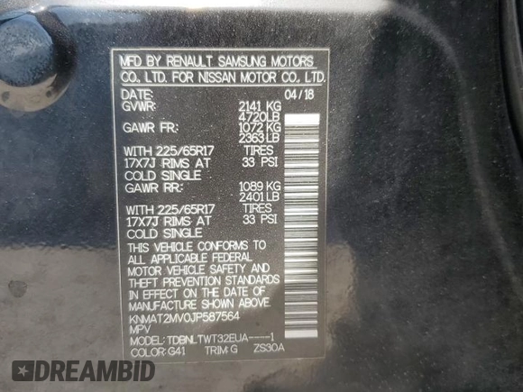 2018 Nissan Rogue SV with VIN KNMAT2MV0JP587564, listed as a Copart auction lot 55024375 with 153,963 mi miles and Clean Title. Bid and sale history available at DreamBid. Image 12.