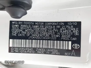 2010 Toyota Prius II with VIN JTDKN3DU1A0241222, listed as a IAAI auction lot 42102110 with 199,895 mi miles. Bid and sale history available at carsss.com. Image 9.