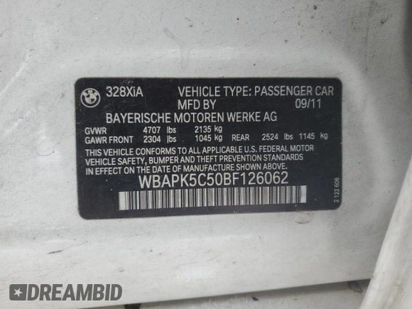 2011 BMW 3 Series 328i xDrive with VIN WBAPK5C50BF126062, listed as a Copart auction lot 41486135 with 141,809 mi miles and Salvage Title. Bid and sale history available at carsss.com. Image 12.