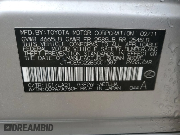 2011 Lexus IS 350 with VIN JTHCE5C22B5001387, listed as a Copart auction lot 43268425 with 147,066 mi miles and Salvage title. Bid and sale history available at DreamBid. Image 12.