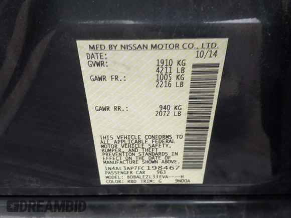 2015 Nissan Altima 2.5 S with VIN 1N4AL3AP7FC198467, listed as a IAAI auction lot 42029941 with 144,760 mi miles. Bid and sale history available at carsss.com. Image 9.