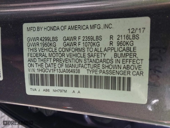 2018 Honda Accord Sedan LX 1.5T with VIN 1HGCV1F13JA064938, listed as a IAAI auction lot 40490452 with 95,932 mi miles. Bid and sale history available at carsss.com. Image 9.