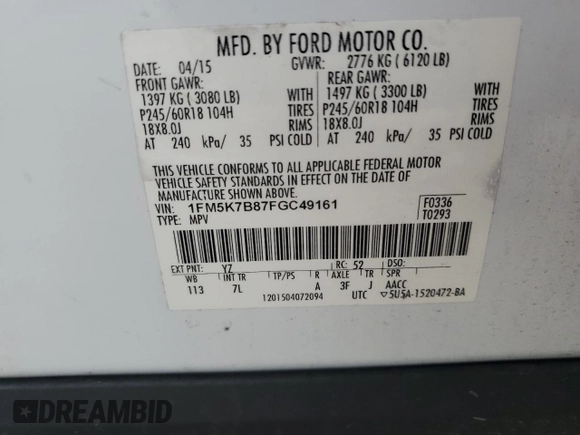 2015 Ford Explorer с VIN 1FM5K7B87FGC49161, выставлен на аукционе Copart как лот 61189715 с пробегом 164 719 миль миль и Списание • Salvage title. История ставок и продаж доступна на DreamBid. Изображение 13.