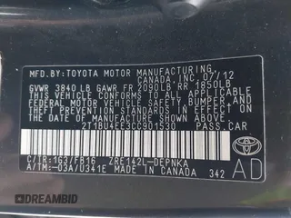 2012 Toyota Corolla L with VIN 2T1BU4EE3CC901530, listed as a IAAI auction lot 42099048 with 210,117 mi miles. Bid and sale history available at carsss.com. Image 9.