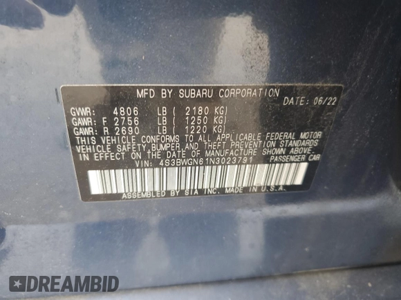2022 Subaru Legacy Limited XT with VIN 4S3BWGN61N3023791, listed as a Copart auction lot 60174785 with 34,261 mi miles and Salvage title. Bid and sale history available at DreamBid. Image 12.