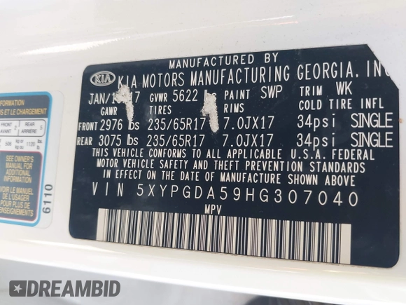 2017 Kia Sorento LX with VIN 5XYPGDA59HG307040, listed as a IAAI auction lot 42125920 with 125,303 mi miles and . Bid and sale history available at carsss.com. Image 9.