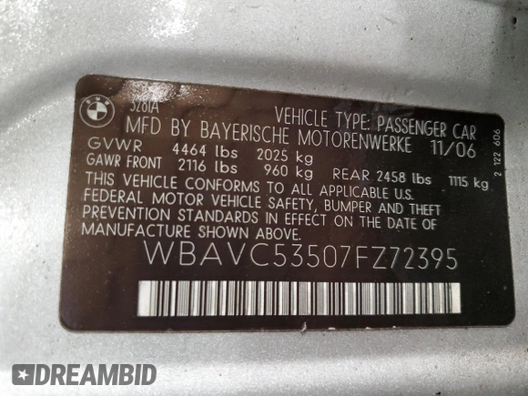 2007 BMW 3 Series 328i with VIN WBAVC53507FZ72395, listed as a Copart auction lot 52431745 with 149,634 mi miles and Salvage Title. Bid and sale history available at carsss.com. Image 12.