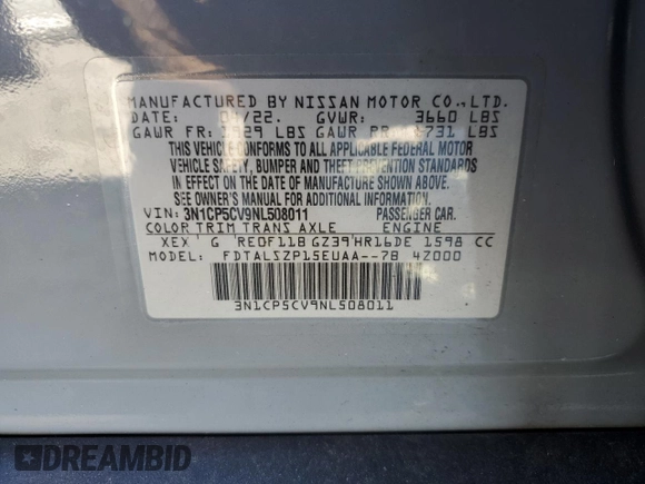 2022 Nissan Kicks SV with VIN 3N1CP5CV9NL508011, listed as a Copart auction lot 49447555 with 51,412 mi miles and Salvage Title. Bid and sale history available at carsss.com. Image 15.