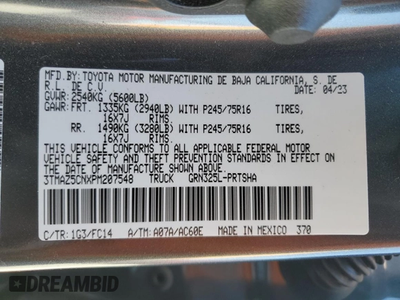 2023 Toyota Tacoma SR5 z VIN 3TMAZ5CNXPM207548, wystawiony jako Copart lot #48767455 z przebiegiem 21 729 mil mil oraz Szkoda całkowita • Salvage title. Historia ofert i sprzedaży dostępna na DreamBid. Obrazek 12.