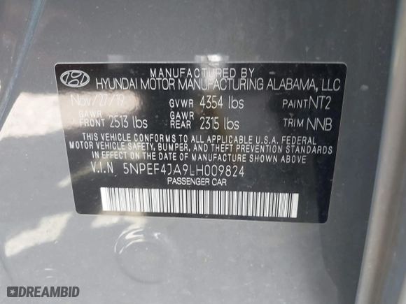2020 Hyundai Sonata SEL with VIN 5NPEF4JA9LH009824, listed as a IAAI auction lot 41795181 with 55,068 mi miles. Bid and sale history available at carsss.com. Image 9.