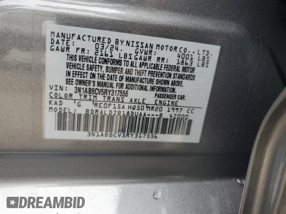 2024 Nissan Sentra SV с VIN 3N1AB8CV5RY317556, выставлен на аукционе Copart как лот 60233595 с пробегом 2 203 миль миль и Списание • Salvage title. История ставок и продаж доступна на DreamBid. Изображение 12.