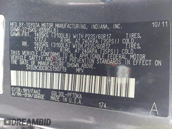 2012 Toyota Sienna with VIN 5TDZK3DC8CS190719, listed as a IAAI auction lot 41983695 with 68,377 mi miles and . Bid and sale history available at DreamBid. Image 9.
