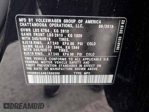 2019 Volkswagen Atlas SE with VIN 1V2DR2CA8KC605388, listed as a Copart auction lot 50953315 with 66,116 mi miles and Salvage title. Bid and sale history available at DreamBid. Image 14.