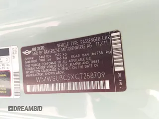 2012 MINI Hardtop with VIN WMWSU3C5XCT258709, listed as a IAAI auction lot 42265461 with 197,678 mi miles and . Bid and sale history available at DreamBid. Image 9.