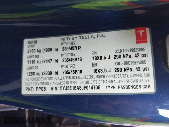 2018 Tesla Model 3 Long Range Battery z VIN 5YJ3E1EA8JF014706, wystawiony jako IAAI lot #41453650 z przebiegiem 68 037 mil mil oraz . Historia ofert i sprzedaży dostępna na DreamBid. Obrazek 9.