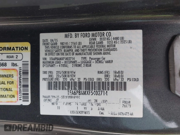 2015 Ford Mustang V6 with VIN 1FA6P8AMXF5402714, listed as a IAAI auction lot 42400456 with 83,133 mi miles and . Bid and sale history available at DreamBid. Image 9.
