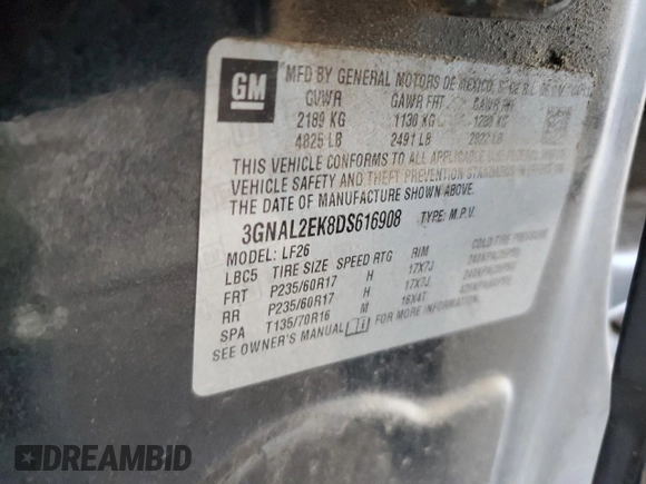 2013 Chevrolet Captiva Sport LS with VIN 3GNAL2EK8DS616908, listed as a Copart auction lot 61965694 with 84,598 mi miles and Salvage Title. Bid and sale history available at DreamBid. Image 12.