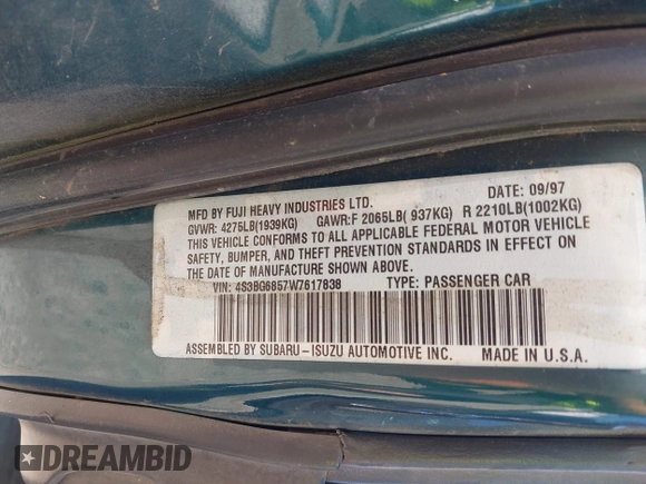 1998 Subaru Legacy Outback with VIN 4S3BG6857W7617838, listed as a IAAI auction lot 42800728 with 219,079 mi miles and . Bid and sale history available at DreamBid. Image 9.