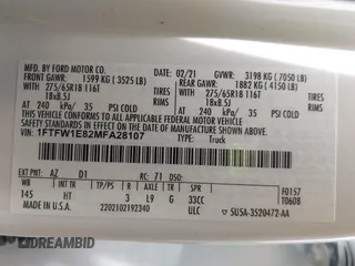 2021 Ford F-150 XL z VIN 1FTFW1E82MFA28107, wystawiony jako IAAI lot #42150129 z przebiegiem 74 496 mil mil oraz . Historia ofert i sprzedaży dostępna na DreamBid. Obrazek 9.