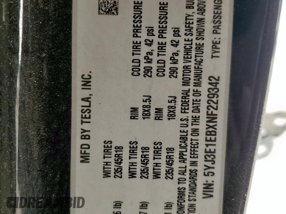 2022 Tesla Model 3 Long Range z VIN 5YJ3E1EBXNF229342, wystawiony jako Copart lot #50171085 z przebiegiem 66 009 mil mil oraz Szkoda całkowita • Salvage title. Historia ofert i sprzedaży dostępna na DreamBid. Obrazek 14.