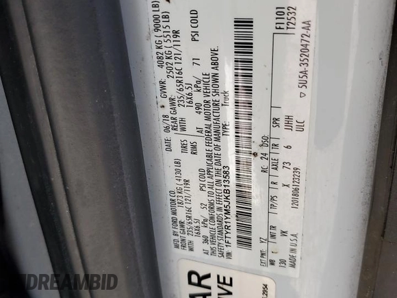 2018 Ford Transit с VIN 1FTYR1YM5JKB13583, выставлен на аукционе Copart как лот 86318844 с пробегом 80 535 миль миль и Списание • Salvage title. История ставок и продаж доступна на DreamBid. Изображение 10.